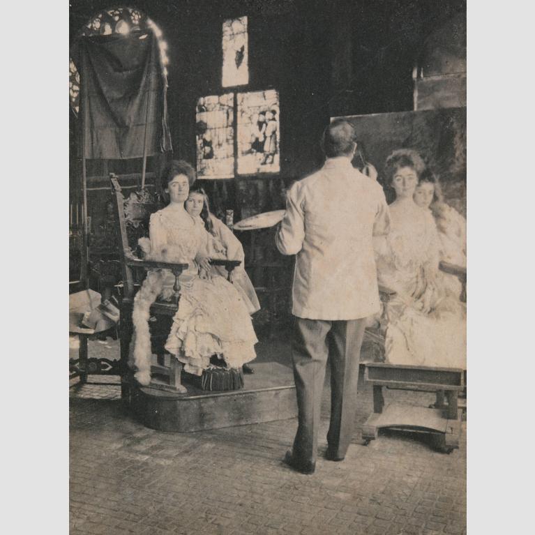 John Singer Sargent paints a portrait of Mrs. Fiske Warren and her daughter who are posed in his studio.