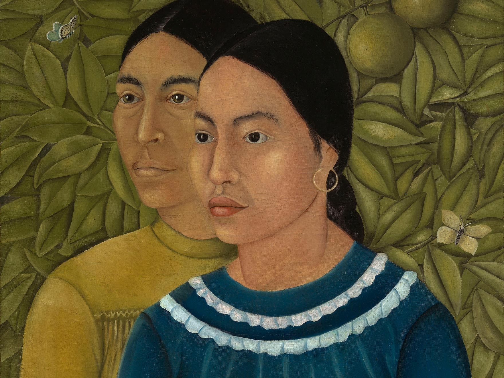 detail of Kahlo painting depicting two sisters in front of leafy background