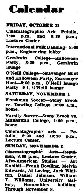 A calendar cut out from the Stony Brook Statesman from the weekend of October 31st-November 2nd, 1969.