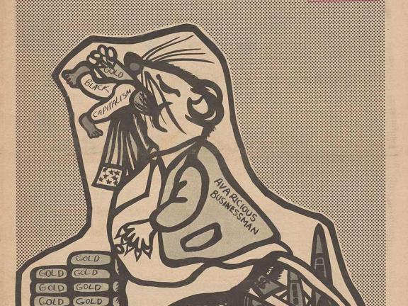 Front page of a newspaper featuring a cartoon of an anthropomorphic rat eating a man.