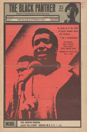 Front page of a newspaper featuring a pink image of a man staring straight ahead.