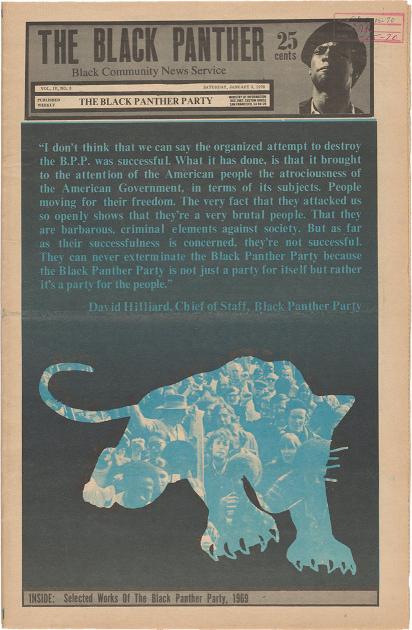 front page of January 3, 1970 issue of The Black Panther newspaper, with David Hilliard quote printed above outline of a panther with blue figures in a crowd on the inside