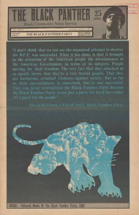 The front cover of a newspaper featuring the silhouette of a leaping blue panther.