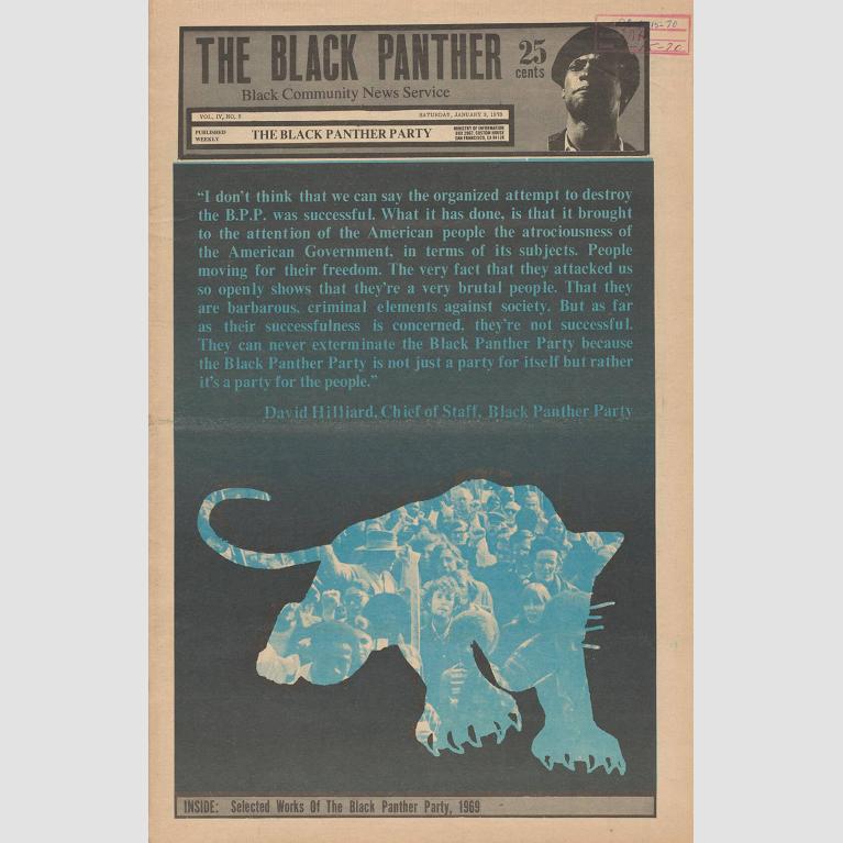 The front cover of a newspaper featuring the silhouette of a leaping blue panther.