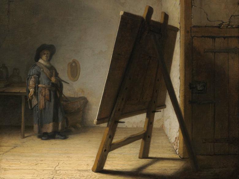 Detail of painting by Rembrandt, depicting artist in wide-brimmed hat standing in background, looking at canvas on easel in foreground