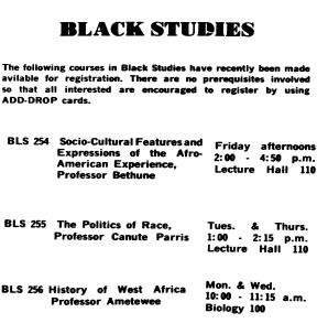 A Black Studies course advertisement from the Fall 1969 edition of the Stony Brook Statesman. 