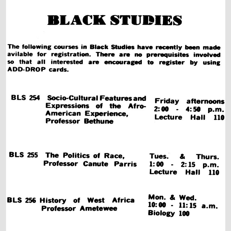 A Black Studies course advertisement from the Fall 1969 edition of the Stony Brook Statesman. 