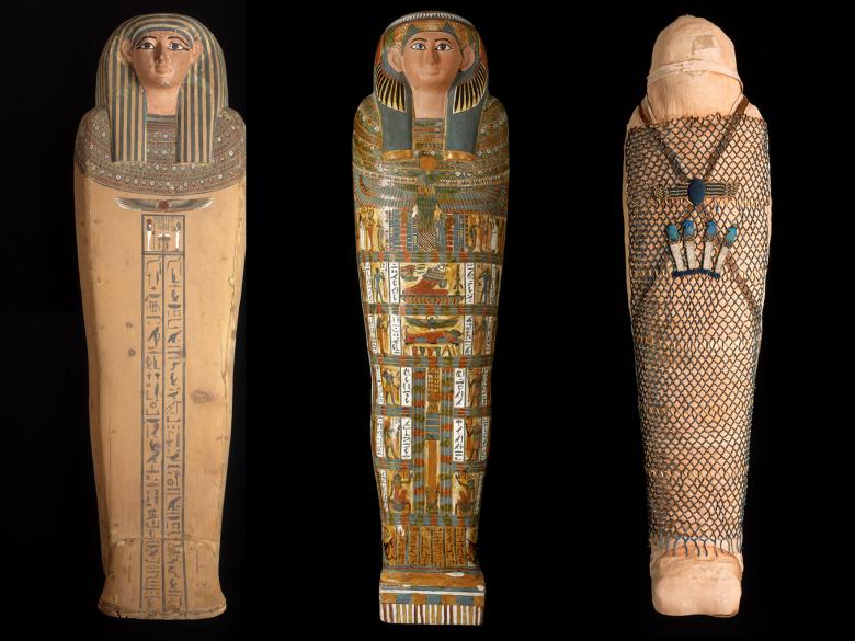 The middle coffin, inner coffin, and mummy of Nesmutaatneru. Wood, plastered linen over wood, human remains, linen, faience. 
