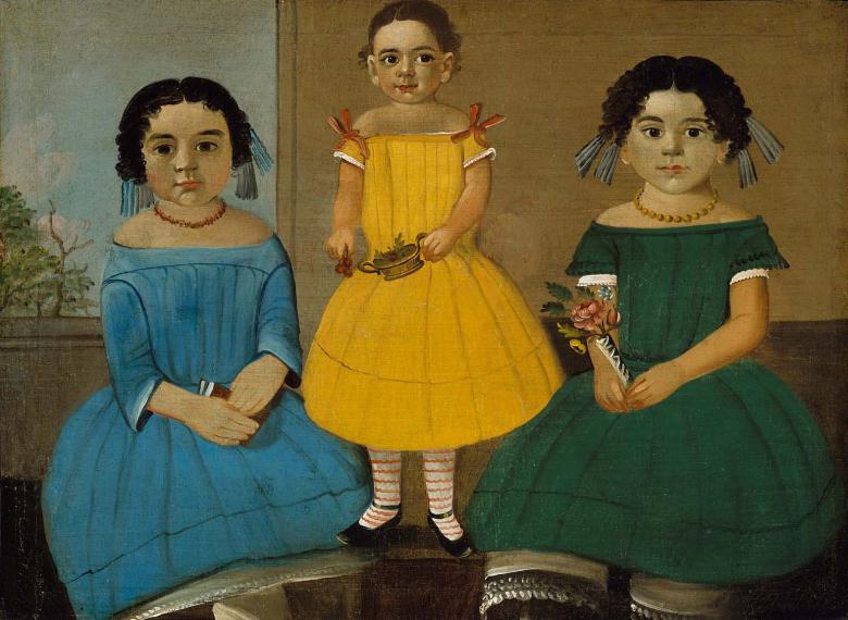 painting of three sisters in different colored dresses; sisters on left and right sitting; youngest sister in middle standing