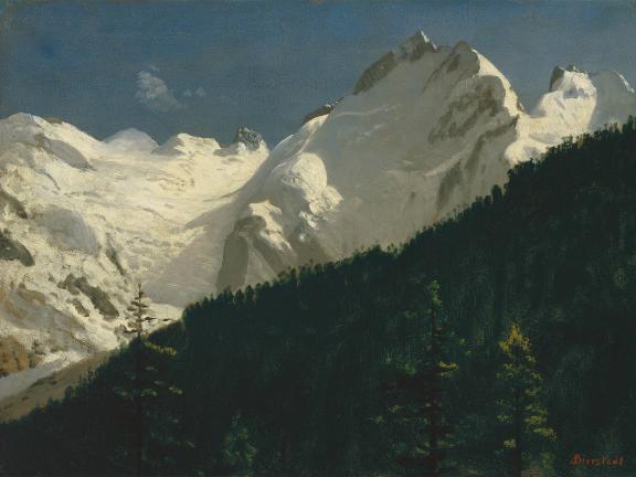 Oil painting of a tall, snowy mountain peak in the background with a forested peak in the foreground under a blue sky