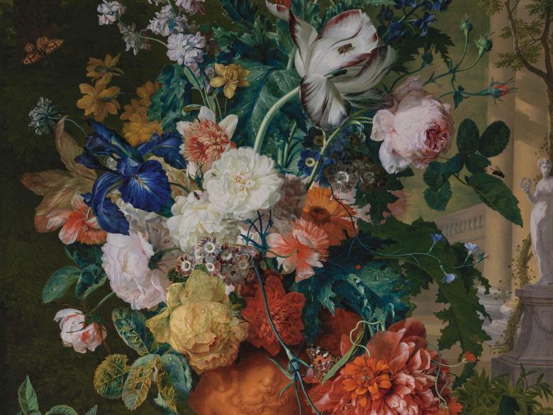 Highly detailed painting in oils of many different types of flowers in a vase