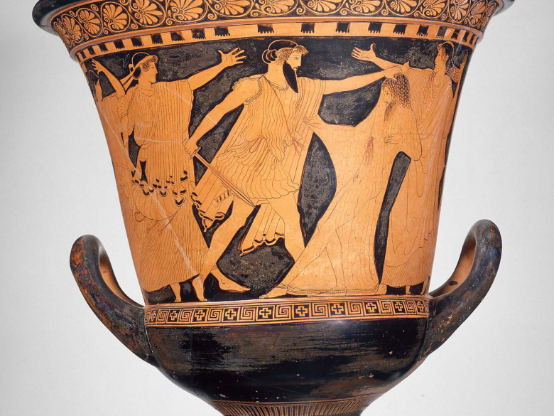 Greek mixing bowl painted with an image of the killing of Agamemnon