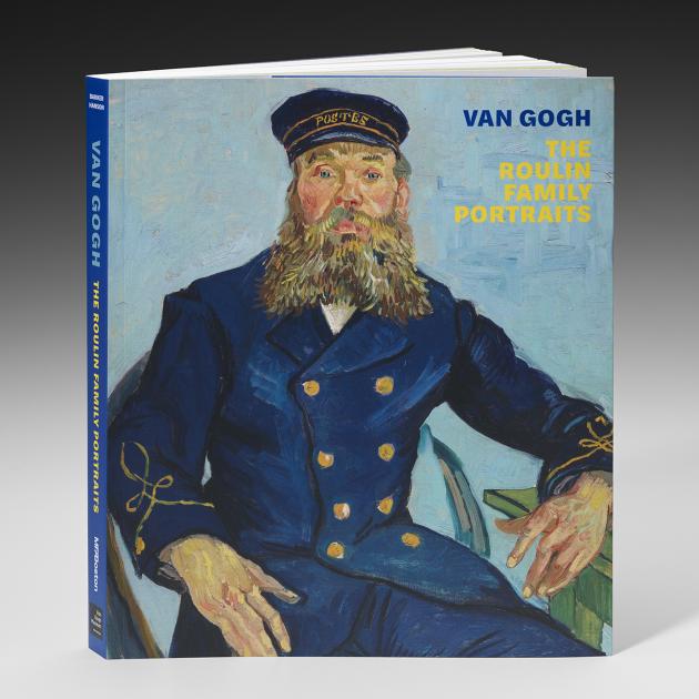 Image of book cover, Van Gogh: The Roulin Family Portraits. The cover features a painting of a bearded man in a blue postal worker's uniform and hat seated in a green chair