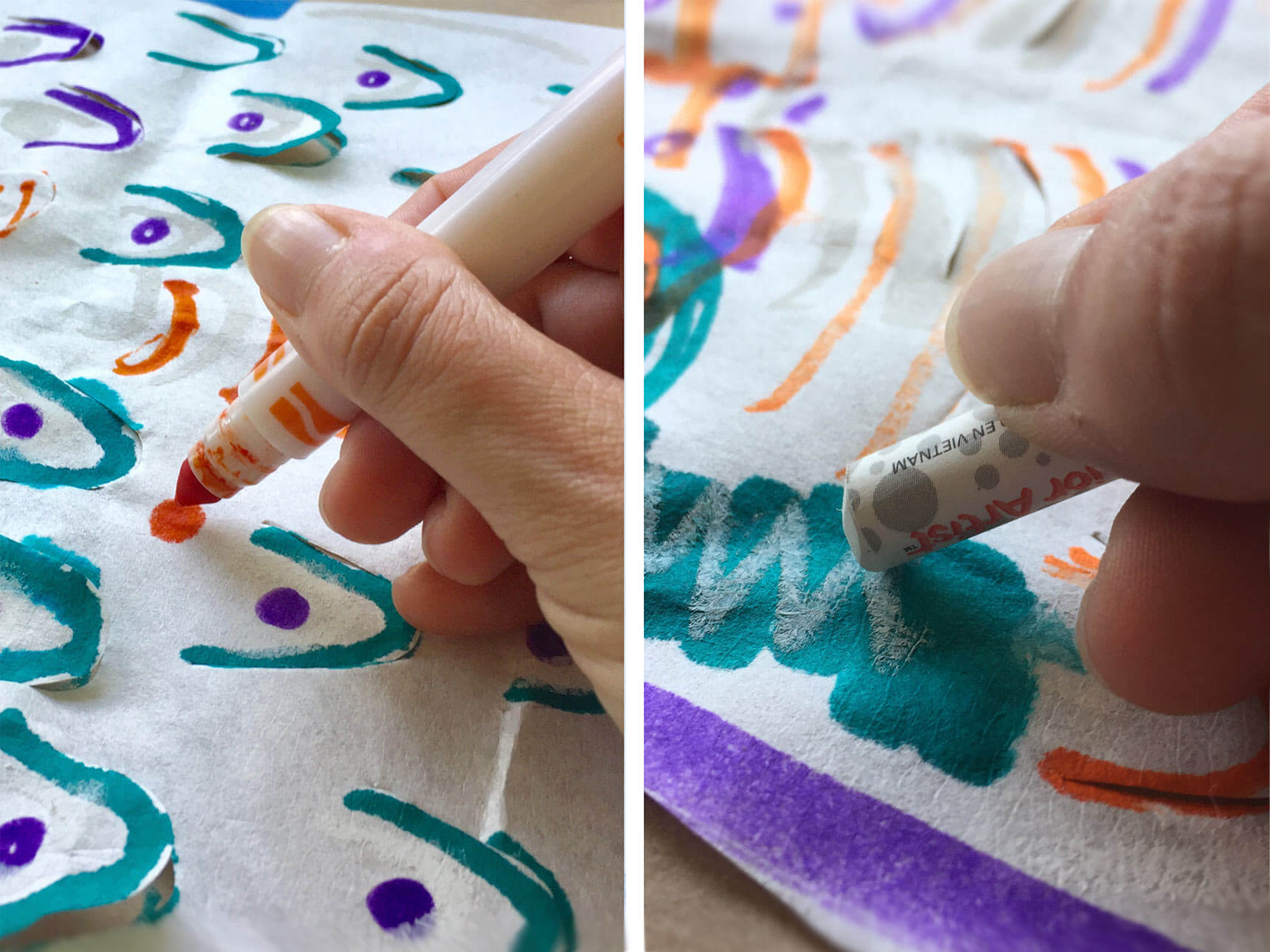 Using markers to color in and highlight the scales of the fish template