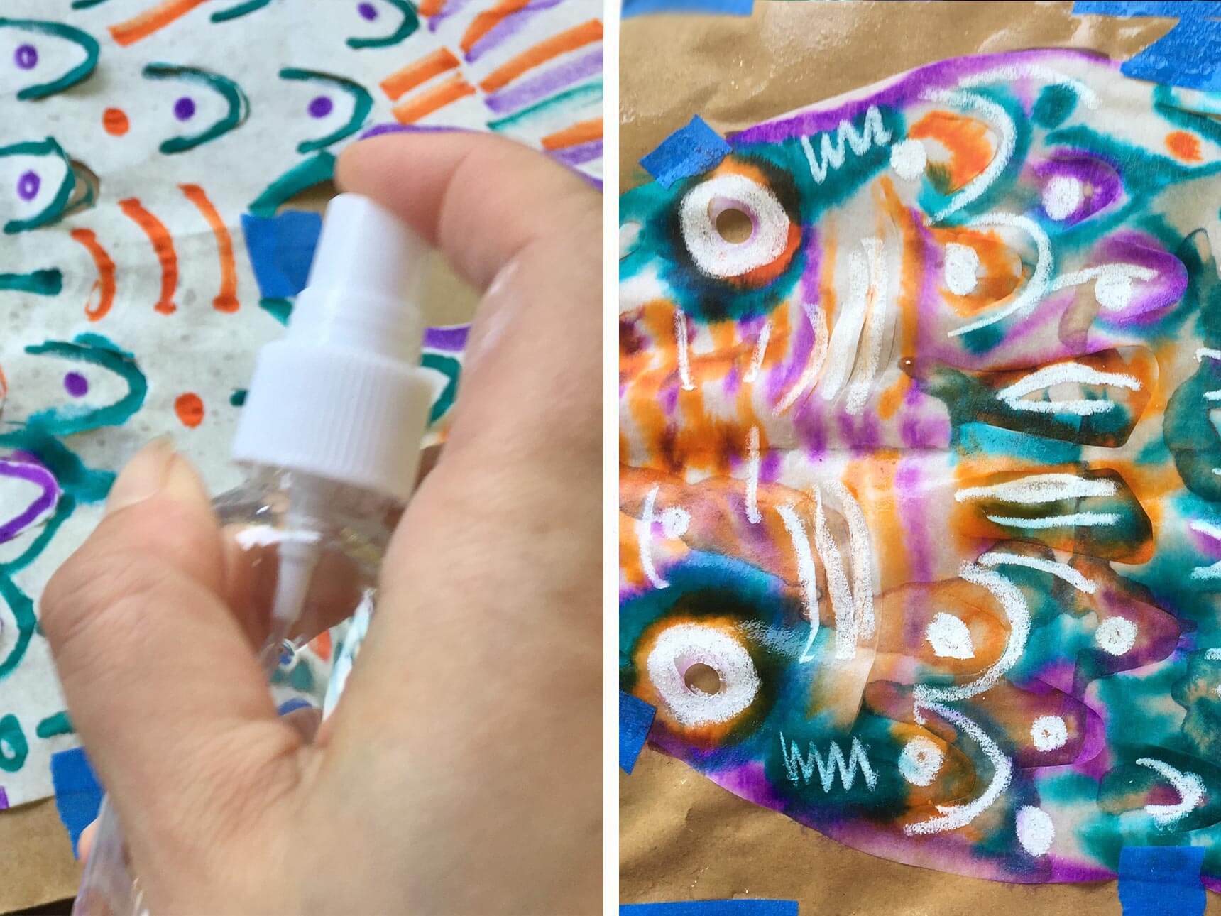 Spraying water on the fish template colored in with markers; the markings start to bleed across the paper