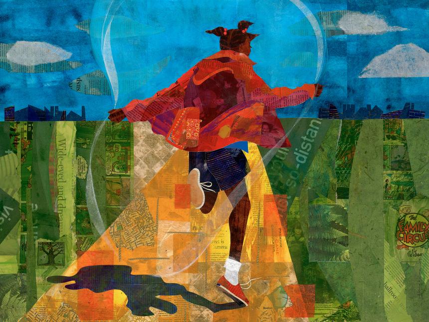 Vibrantly colored collage by Ekua Holmes depicting young girl jumping rope on a yellow road