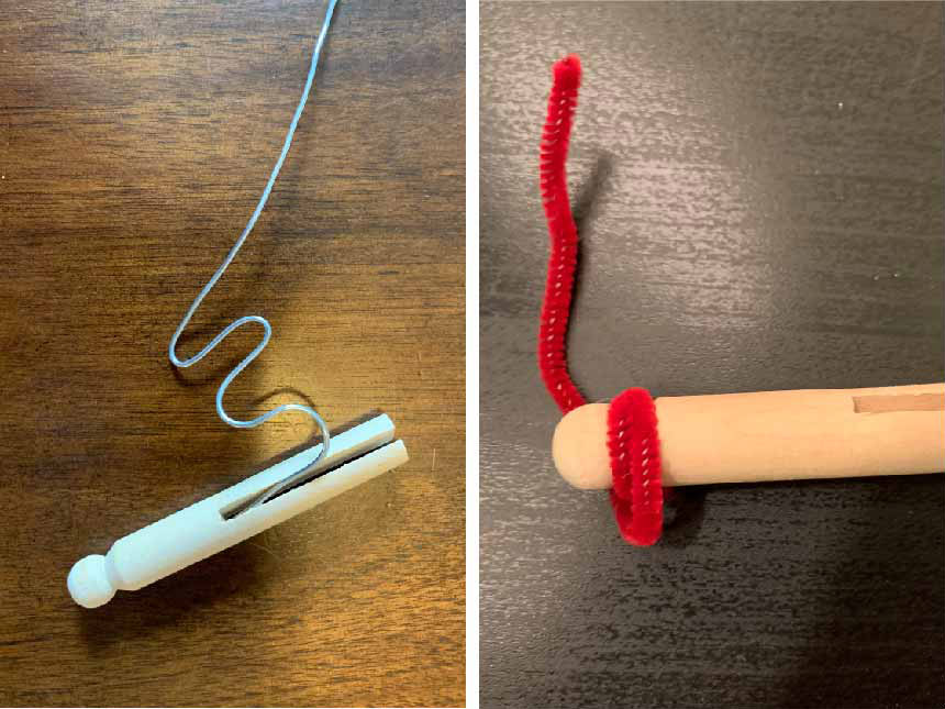 on left, using clothespin to bend aluminum wire into waves; on right, bending pipe cleaner into shapes