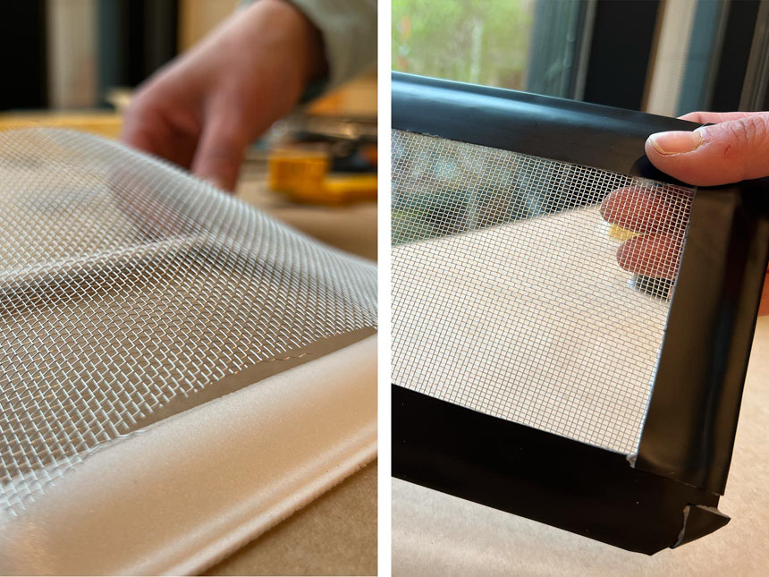 taping on rectangular piece of aluminum screen to cover the opening on the bottom of the styrofoam tray