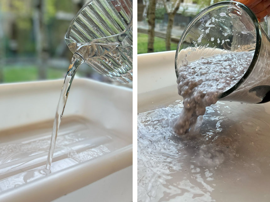 pouring water into the plastic bin, followed by the paper pulp mixture from the blender