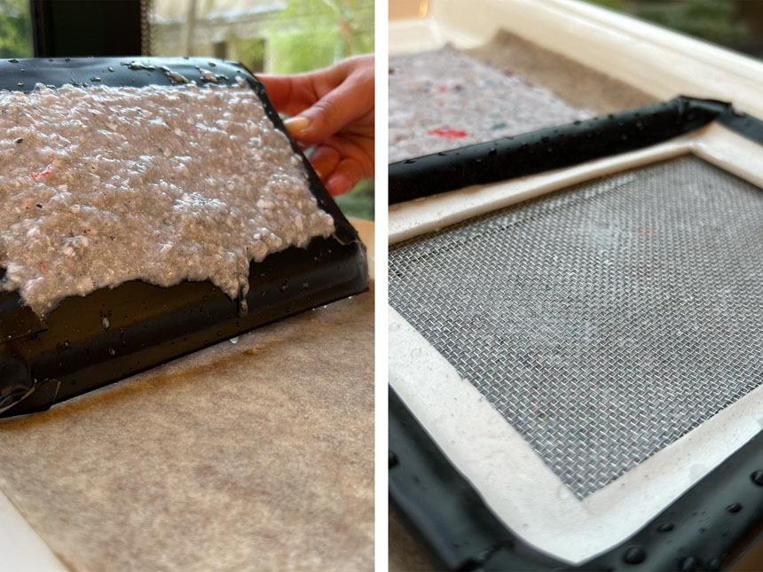 flipping mould with paper pulp onto sheet of felt