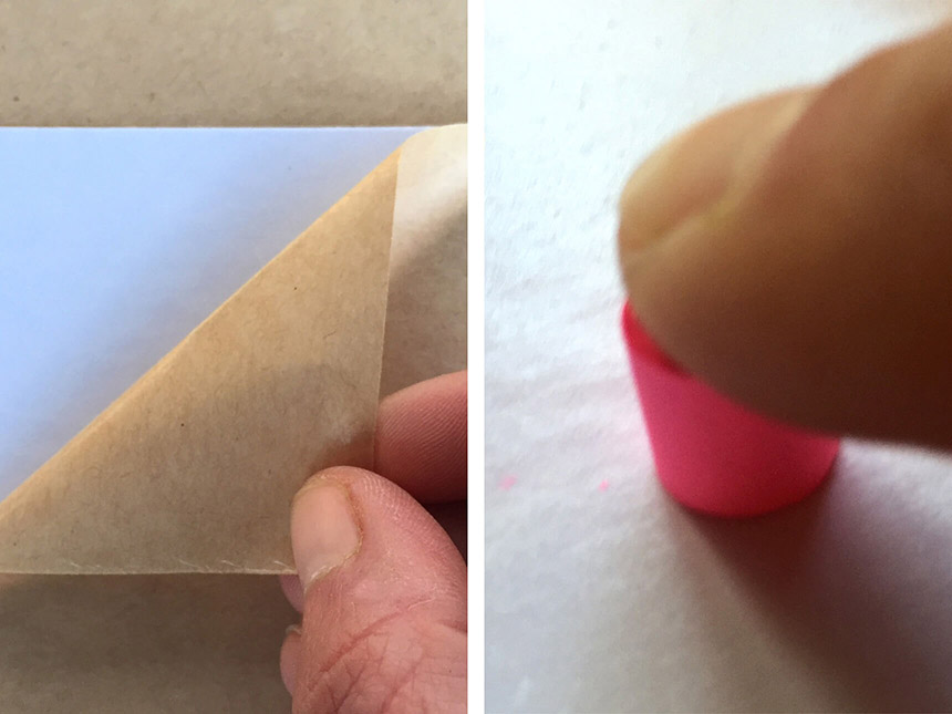 peeling off backing off sticky-backed cardboard; applying rolled-up neon paper strip onto sticky cardboard