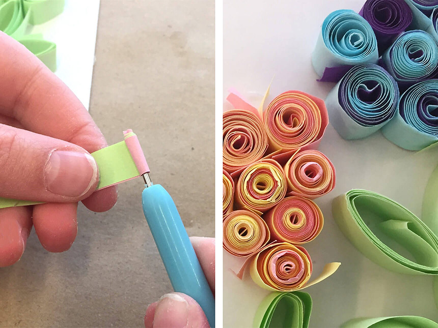 rolling up two strips of paper of different colors using the quilling tool