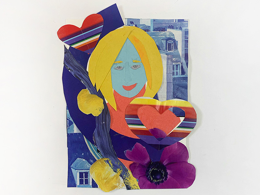 Various paper pieces from print magazines positioned around portrait head