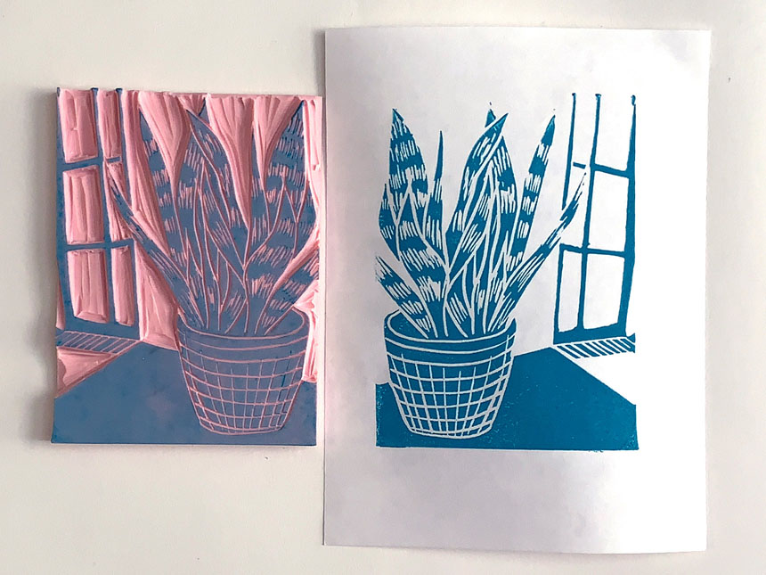 relief block depicting potted plant next to window, next to resulting print on paper in blue ink
