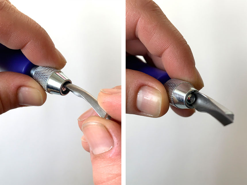 curved blade inserted into linoleum cutter