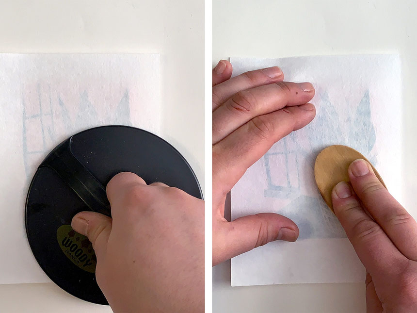 using a baren and a spoon to apply pressure onto paper laid on top of inked relief block