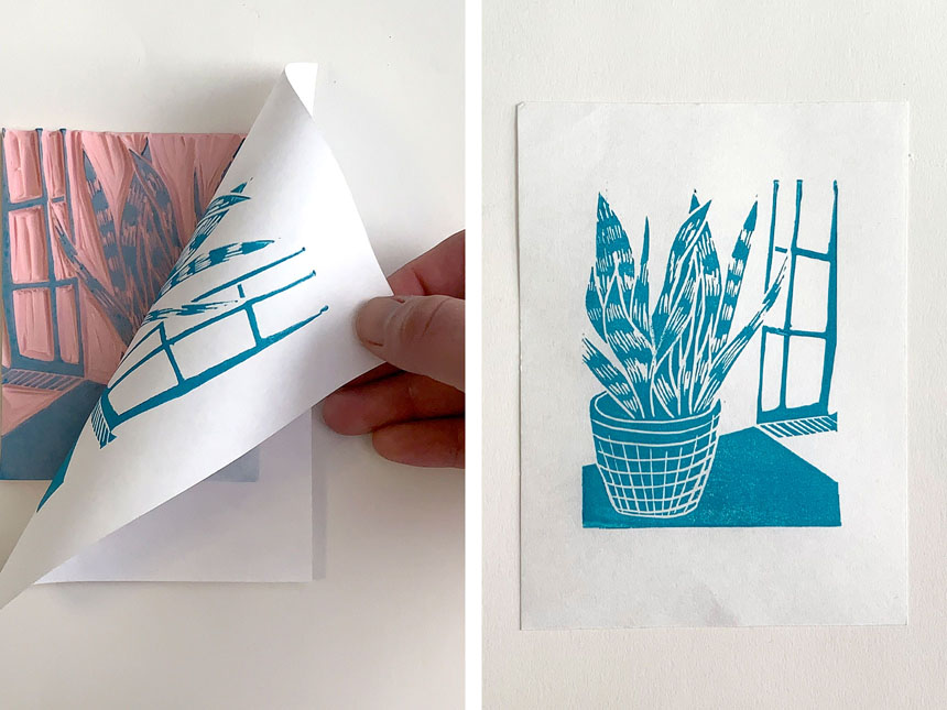 peeling paper off relief block to reveal print; identical prints laid out side-by-side