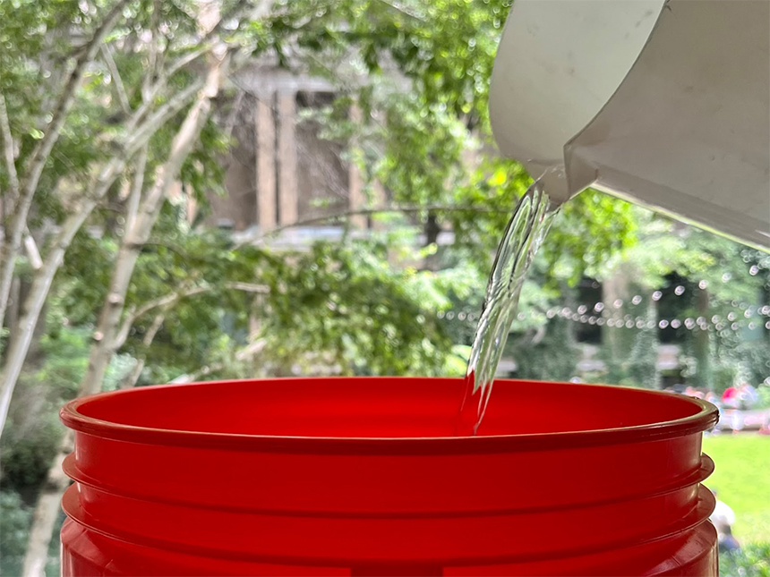 pouring water from a pitcher into a bucket