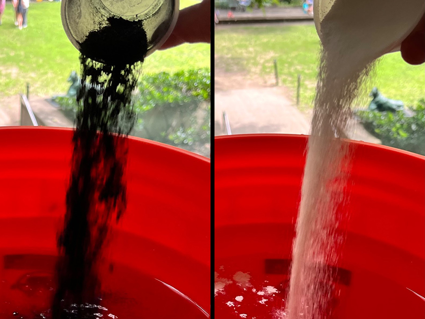 two photos side-by-side: both depicting pouring powders into bucket from cup