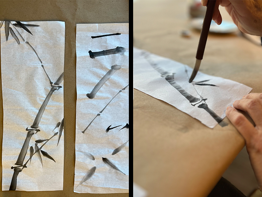 ink paintings of bamboo on rice paper; details of various markings that make up bamboo painting