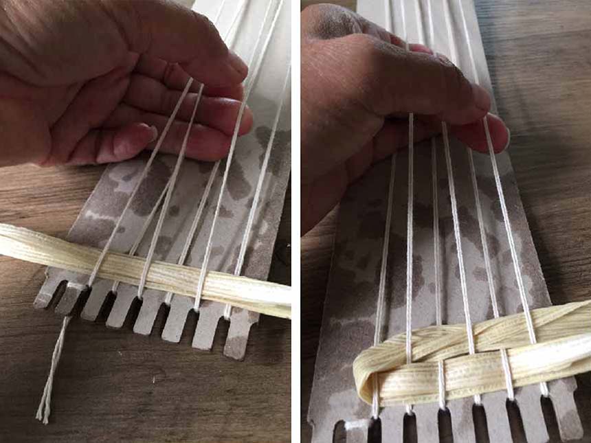 weaving corn husk strips above and below cotton warp on loom