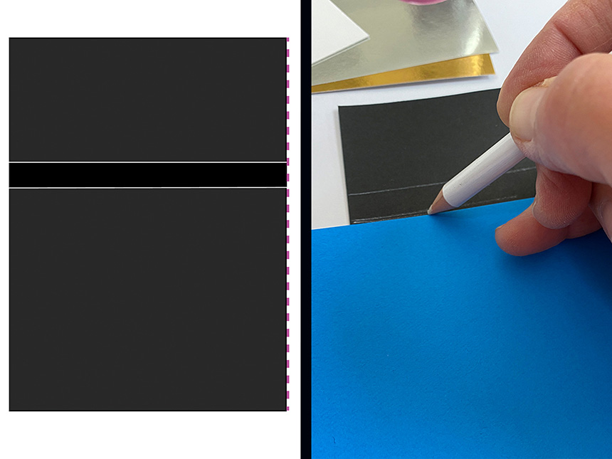 using white pencil to draw two horizontal lines about a third from the top of the black paper
