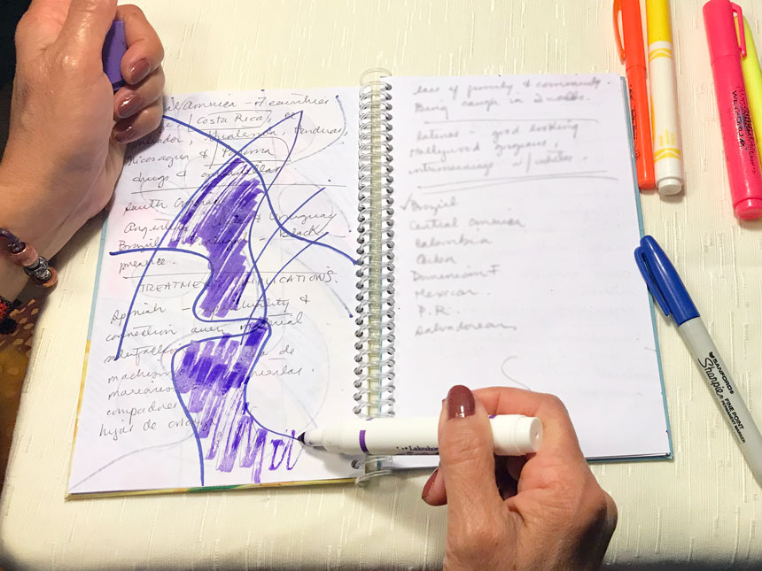 A few shapes formed by criss-crossing blue lines are filled in with blue marker