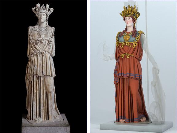 Roman sculpture of Athena Parthenos on left with 3D model of sculpture with polychromy on right