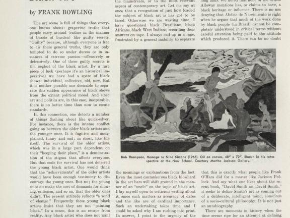 Frank Bowling's essay "Discussion on Black Art" in a 1969 edition of "Arts Magazine."