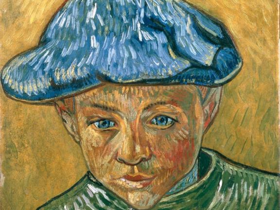 Portrait of Camille Roulin in a green coat with a red button, a blue cap and a yellow background