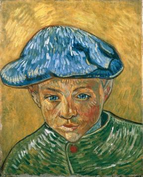 Portrait of Camille Roulin in a green coat with a red button, a blue cap and a yellow background