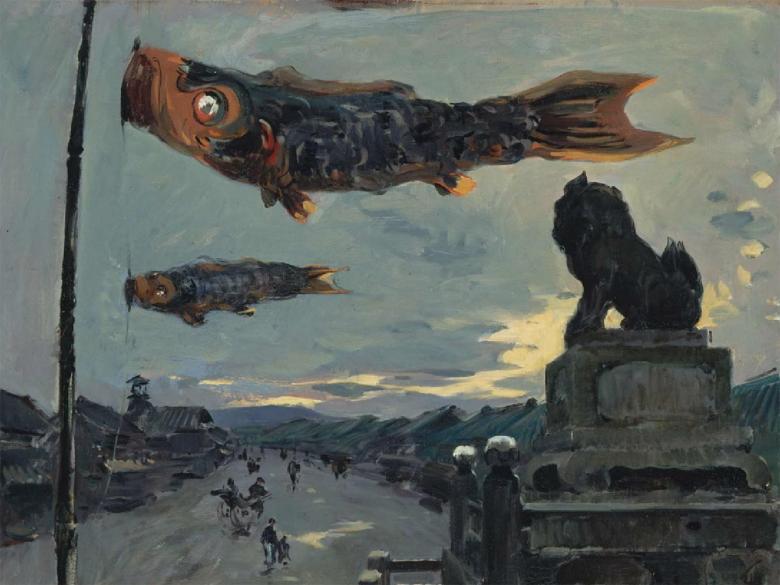 Painting of carp banners flying against a cityscape.