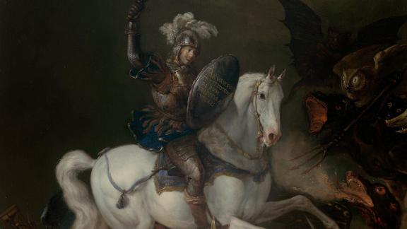 A knight astride a horse raises his sword before a group of monsters.