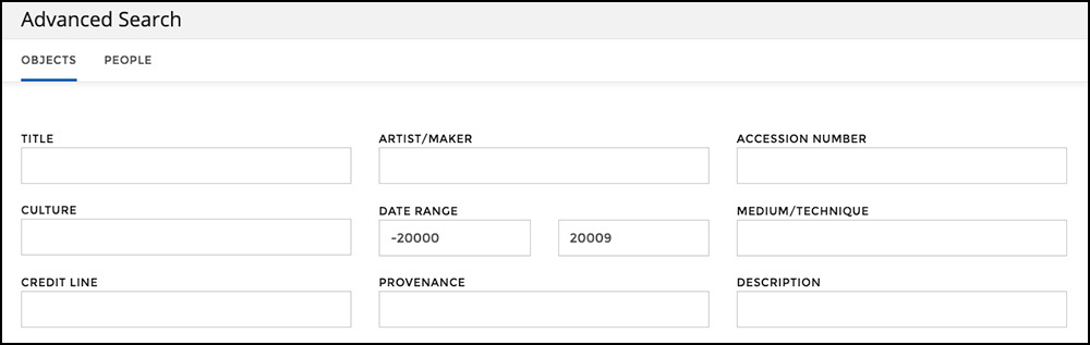 screenshot of data fields field on Collections Search site
