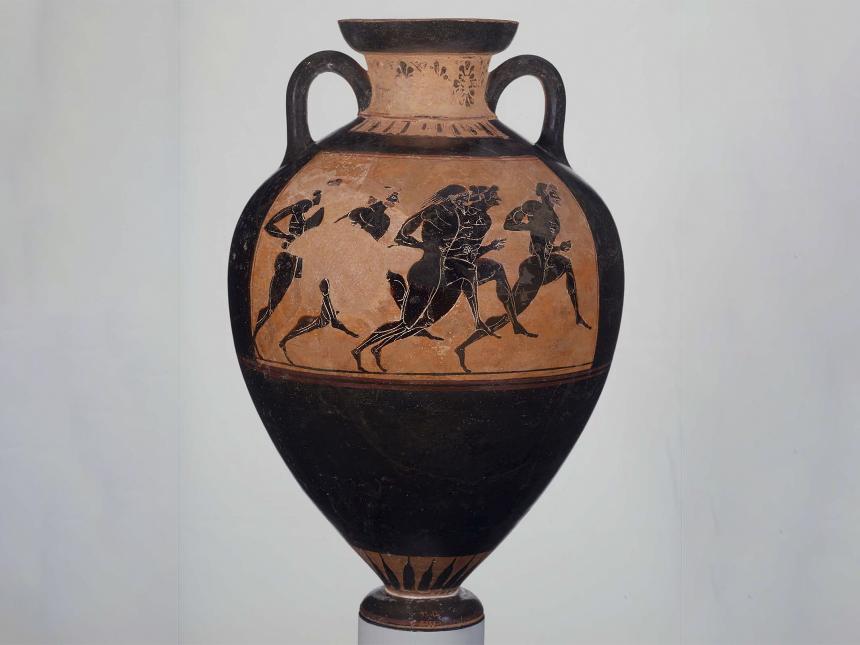 Greek vase depicting five athletes running