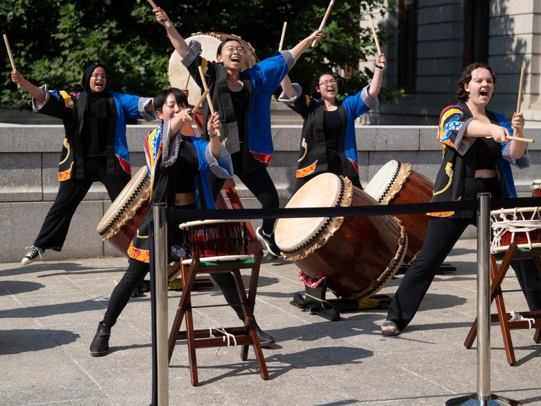 Taiko drummers performing at the Huntington Avenue Entrance