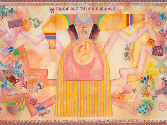 A painting of many small houses, hearts, teapots, and suns, with a large dress in the middle and the saying "Welcome to Our Home" over the dress. 