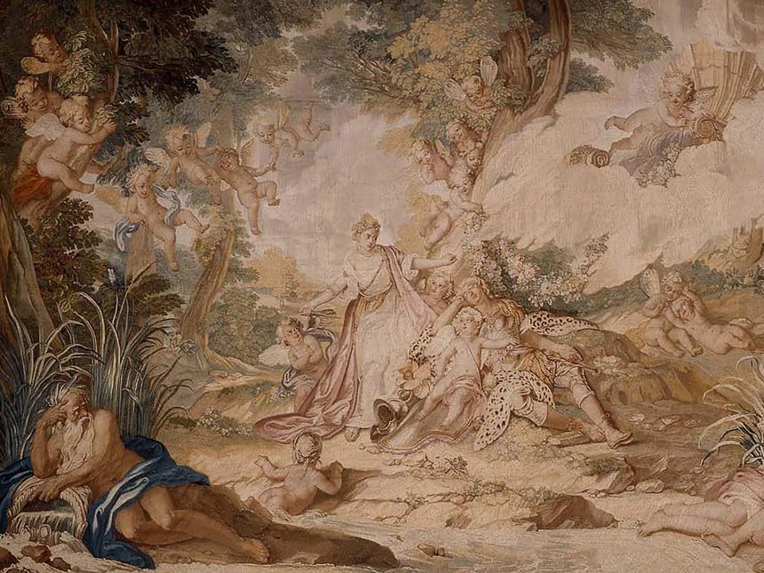 tapestry depicting scene in which woman holding knife stands over man sleeping underneath tree