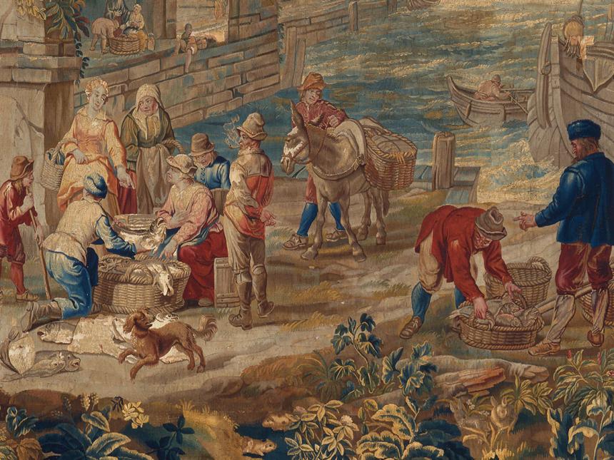 Detail of tapestry featuring fish market