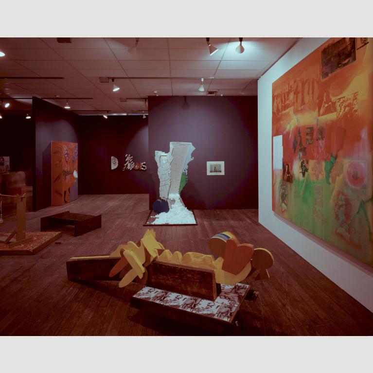 An installation shot of the Some American History exhibition in 1971, featuring Frank Bowling's "Middle Passage."